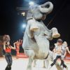 Mia Frye et un éléphant au cirque Pinder lors de la soirée "24 jours pour 24 enfants", à Paris, le 18 décembre 2011