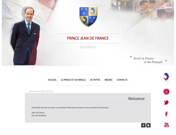 Le prince Jean d'Orléans a annoncé sur son site officiel Gens de France la naissance de son second enfant avec la princesse Philomena, le 28 janvier 2012. Une petite princesse Antoinette.