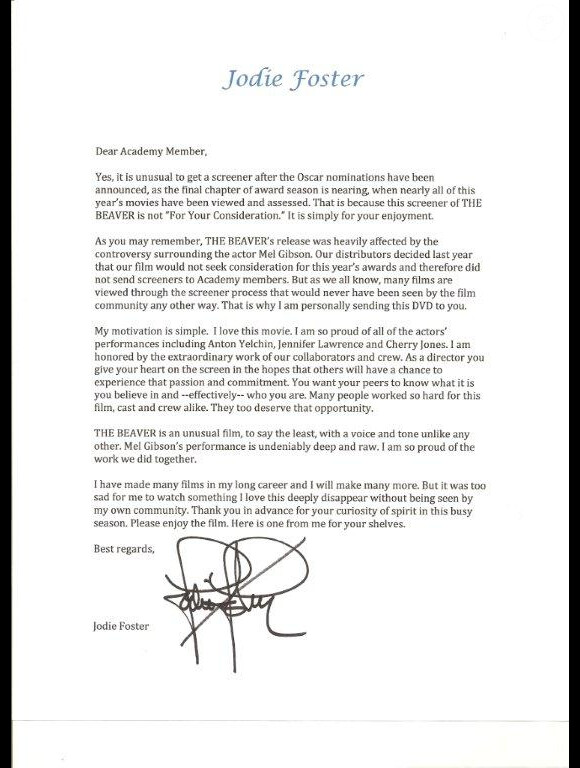 La lettre envoyée par Jodie Foster pour défendre Le Complexe du Castor.