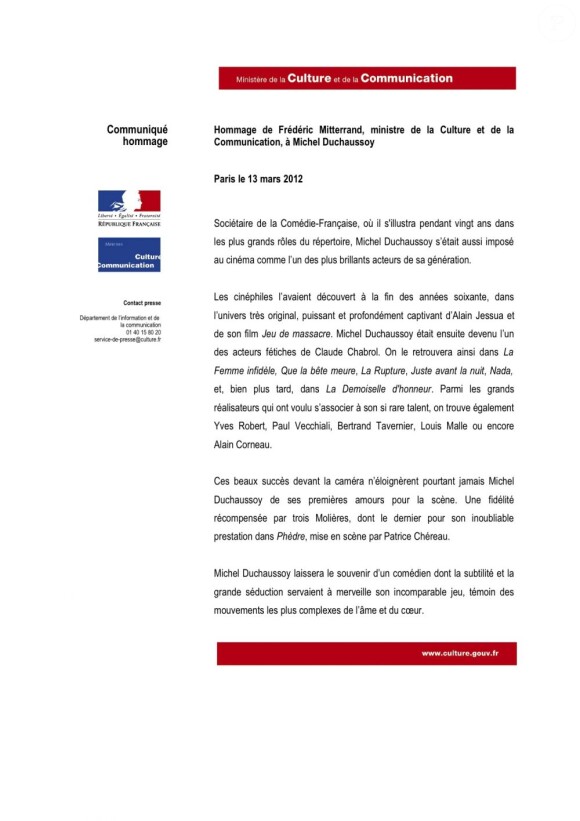 L'hommage de Frédéric Mitterrand à Michel Duchaussoy.