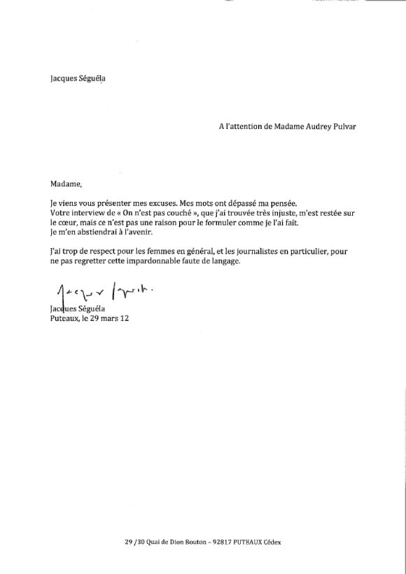 La lettre d'excuses de Jacques Séguéla  Audrey Pulvar, le 29 mars 2012.