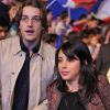 Jean Sarkozy et sa femme Jessica le 31 mars 2012 à Paris pour un meeting avec les Jeunes de l'UMP