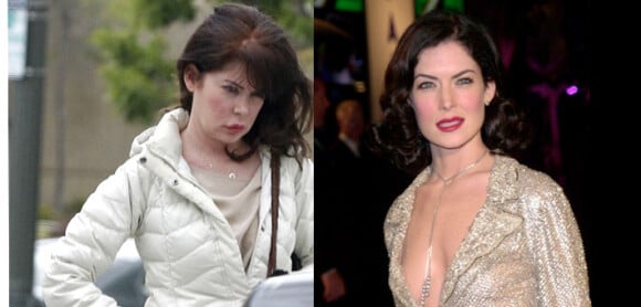 Lara Flynn Boyle métamorphosée par la chirurgie : à gauche, photo prise à Los Angeles en mars 2012 ; à droite, photo prise en l'an 2001.