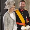 Fiancés depuis fin avril, le grand-duc héritier Guillaume de Luxembourg et  la comtesse Stéphanie de Lannoy étaient au baptême de la princesse Estelle de Suède, au palais royal de Stockholm le 22 mai 2012. Leur première sortie officielle.