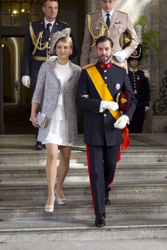Le prince Guillaume, grand-duc héritier de Luxembourg et sa fiancée la comtesse Stéphanie de Lannoy ont fait leur première sortie officielle au baptême de la princesse Estelle de Suède, au palais royal de Stockholm le 22 mai 2012.