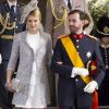 Le prince Guillaume, grand-duc héritier de Luxembourg et sa fiancée la comtesse Stéphanie de Lannoy ont fait leur première sortie officielle au baptême de la princesse Estelle de Suède, au palais royal de Stockholm le 22 mai 2012.