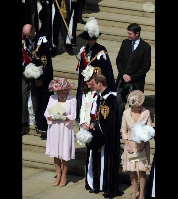 Camilla Parker Bowles, Kate Middleton et le prince William lors de la cérémonie de l'Ordre de la Jarretière se déroulant du château Windsor à la chapelle Saint Georges, le 18 juin 2012