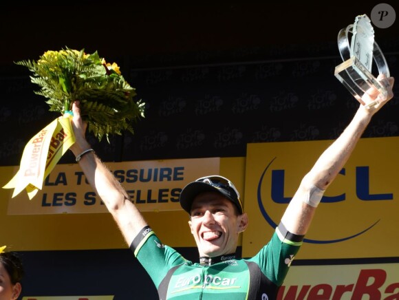 Pierre Rolland peut exulter après s'être imposé le 12 juillet 2012 lors de la onzième étape du Tour de France 2012 entre Albertville et La Touissuire-Les Sybelles