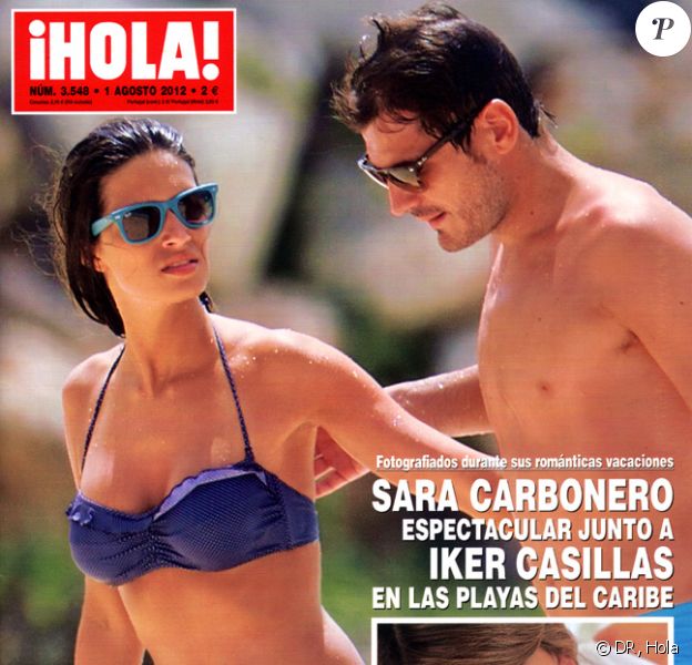 Sara Carbonero et Iker Casillas lors de leurs vacances aux Iles Vierges, en juillet 2012, en couverture du numéro d'août de la revue Hola!.