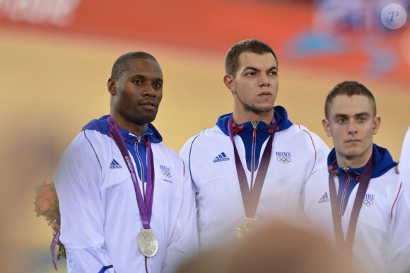 Gregory Bauge, Kevin Sireau et Michael D'Almeida lors de l'épreuve de vitesse olympique par équipe le 2 août 2012 à Londres