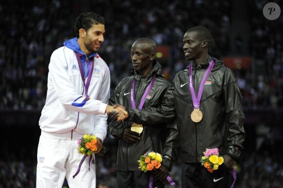 Le podium du 3 000m steeple, le 6 août 2012 aux Jeux olympiques de Londres, avec Mahiedine Mekhissi en argent.