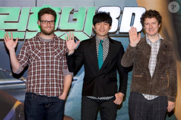Seth rogen, Jay Chou et Michel Gondry en janvier 2011.