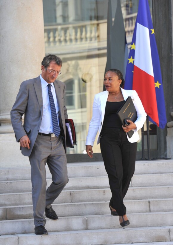 François Lamy, ministre déléguée à la ville, et la Garde des Sceaux Christiane Taubira quitte l'Élysée à l'issue du conseil des ministres du 29 août 2012.
