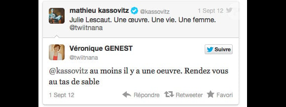 Echanges de tweets de Véronique Genest et Mathieu Kassovitz - 1er septembre 2012
