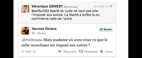 Echanges de tweets de Véronique Genest et Mathieu Kassovitz - 1er septembre 2012
