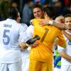 Hugo Lloris, Olivier Giroud et Mamadou Sakho lors du match de qualification au mondial 2014 au Brésil entre l'Espagne et la France le 16 octobre 2012 au stade Vicente-Calderon de Madrid (1-1)