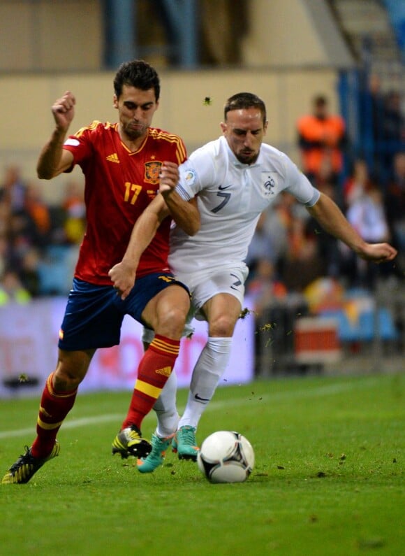 Franck Ribéry et Alvaro Arbeloa lors du match de qualification au mondial 2014 au Brésil entre l'Espagne et la France le 16 octobre 2012 au stade Vicente-Calderon de Madrid (1-1)