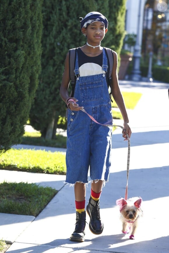 Exclusif - Willow Smith en salopette et bottes noires, se promène à Calabasas avec son chien aux oreilles et pattes teintées en rose. Le 14 octobre 2012.