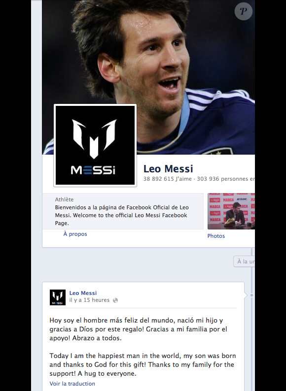 Lionel Messi a partagé son bonheur d'être devenu le 2 novembre 2012 papa d'un petit Thiago sur sa page Facebook.