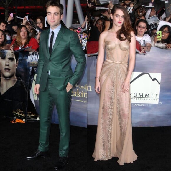 Robert Pattinson et Kristen Stewart lors de l'avant-première de Twilight - chapitre 5 : Révélation (2e partie) à Los Angeles le 12 novembre 2012 (photomontage)