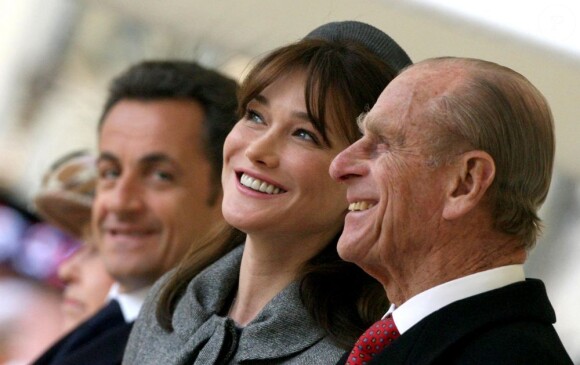 Nicolas Sarkozy, Carla Bruni et le duc d'Edimbourg à Londres, le 26 mars 2008.