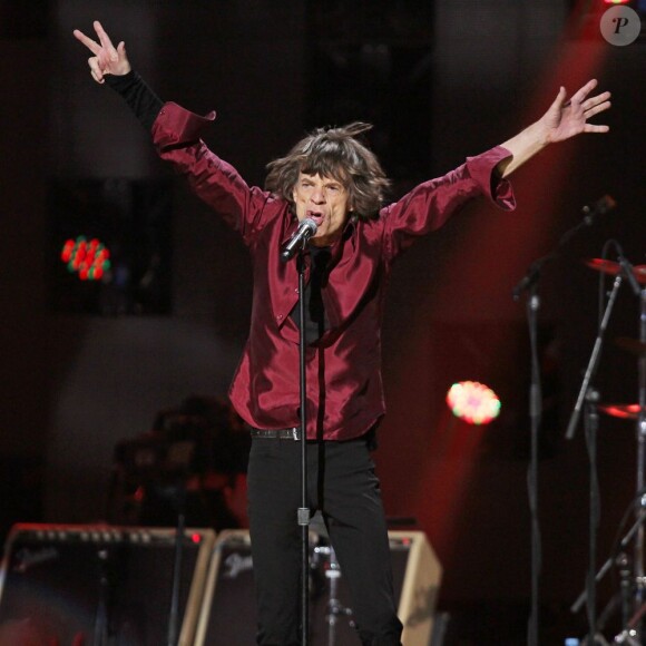Mick Jagger lors du concert de soutien aux victimes de l'ouragan Sandy, le 12 décembre 2012 à New York.