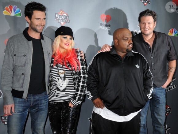Les membres du jury de The Voice : Christina Aguilera, Adam Levine, Cee Lo Green et Blake Shelton, à Los Angeles le 8 novembre 2012.