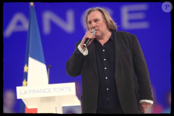 Gérard Depardieu lors du meeting de Nicolas Sarkozy à Villepinte le 11 mars 2012.