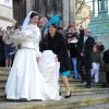 L'arrivée de la mariée à la basilique, dans une robe Diane Lelys. Mariage religieux de l'archiduc d'Autriche Christoph de Habsbourg-Lorraine et d'Adélaïde Drapé-Frisch, le 29 décembre 2012 à Nancy, en la basilique Saint-Epvre, suivi d'une réception à l'Hôtel de Ville, place Stanislas.