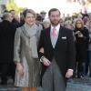 Le grand-duc héritier Guillaume de Luxembourg et sa femme la princesse Stéphanie. Mariage religieux de l'archiduc d'Autriche Christoph de Habsbourg-Lorraine et d'Adélaïde Drapé-Frisch, le 29 décembre 2012 à Nancy, en la basilique Saint-Epvre, suivi d'une réception à l'Hôtel de Ville, place Stanislas.