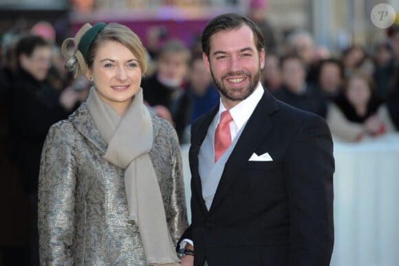 Le prince Guillaume de Luxembourg et sa femme la princesse Stéphanie. Mariage religieux de l'archiduc d'Autriche Christoph de Habsbourg-Lorraine et d'Adélaïde Drapé-Frisch, le 29 décembre 2012 à Nancy, en la basilique Saint-Epvre, suivi d'une réception à l'Hôtel de Ville, place Stanislas.