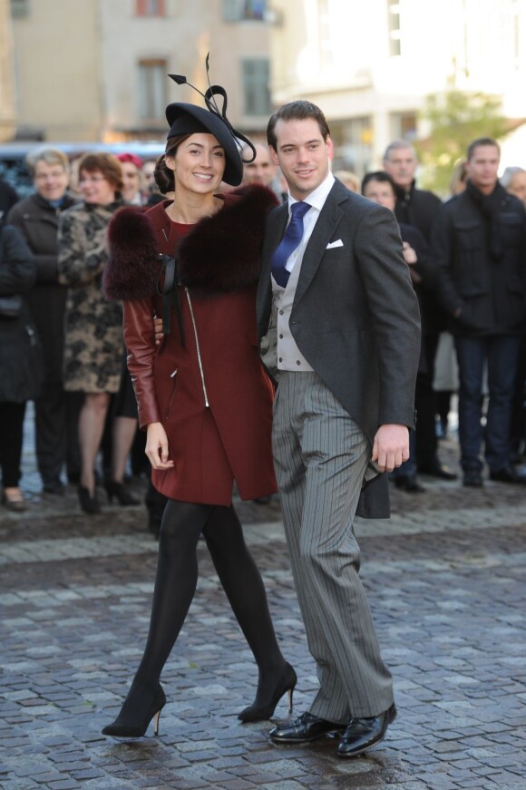 Le prince Félix de Luxembourg avec sa fiancée Claire Lademacher. Mariage religieux de l'archiduc d'Autriche Christoph de Habsbourg-Lorraine et d'Adélaïde Drapé-Frisch, le 29 décembre 2012 à Nancy, en la basilique Saint-Epvre, suivi d'une réception à l'Hôtel de Ville, place Stanislas.