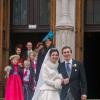 Christoph de Habsbourg-Lorraine et Adélaïde Drapé-Frisch radieux sur les marches de l'Hôtel de Ville de Nancy après leur mariage religieux, le 29 décembre 2012 à Nancy, en la basilique Saint-Epvre, suivi d'une réception à l'Hôtel de Ville, place Stanislas.