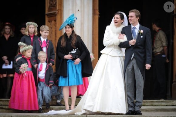 Christoph de Habsbourg-Lorraine et Adélaïde Drapé-Frisch heureux après leur mariage religieux, le 29 décembre 2012 à Nancy, en la basilique Saint-Epvre, suivi d'une réception à l'Hôtel de Ville, place Stanislas.