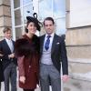 Claire Lademacher et son fiancé le prince Félix de Luxembourg arrivant à l'Hôtel de Ville de Nancy pour la réception du mariage religieux de Christoph de Habsbourg-Lorraine et Adélaïde Drapé-Frisch célébré le 29 décembre 2012 à Nancy, en la basilique Saint-Epvre.