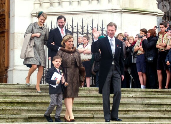 La famille grand-ducale de Luxembourg au mariage religieux de Christoph de Habsbourg-Lorraine et Adélaïde Drapé-Frisch célébré le 29 décembre 2012 à Nancy, en la basilique Saint-Epvre, et suivi d'une réception à l'Hôtel de Ville, place Stanislas.