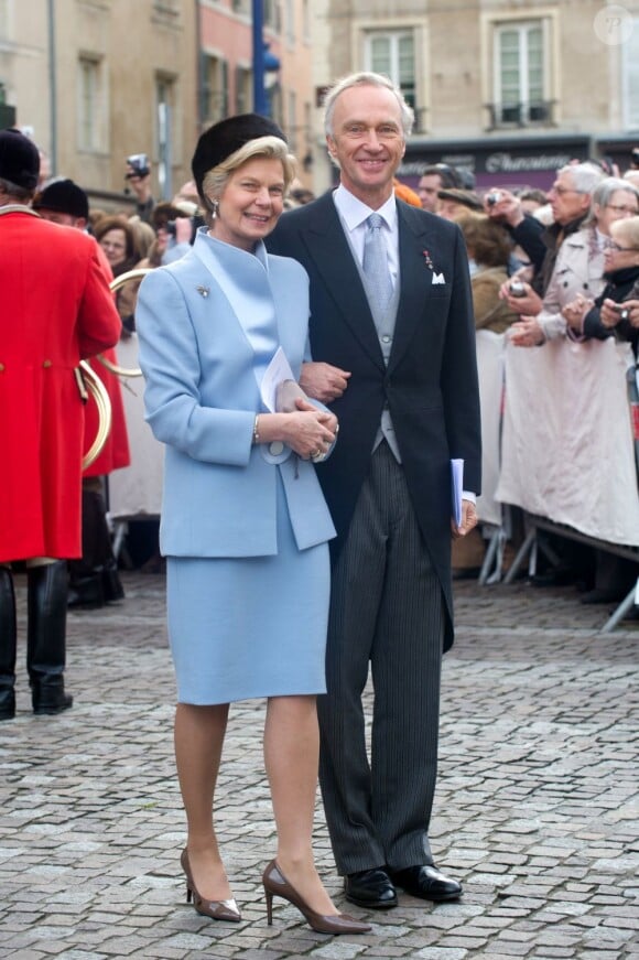 La princesse Marie-Astrid et l'archiduc Karl Christian au mariage religieux de leur fils Christoph de Habsbourg-Lorraine et d'Adélaïde Drapé-Frisch célébré le 29 décembre 2012 à Nancy, en la basilique Saint-Epvre, et suivi d'une réception à l'Hôtel de Ville, place Stanislas.