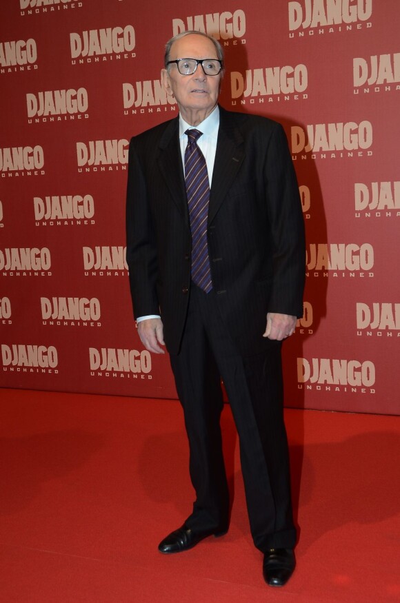 Le compositeur Ennio Morricone sur le tapis rouge de la première du film Django Unchained à Rome, le 4 janvier 2013.