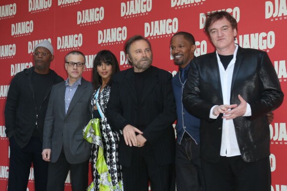 Samuel L. Jackson, Christoph Waltz, Kerry Washington, Franco Nero, Jamie Foxx, Quentin Tarantino posent pour le photocall à la première du film Django Unchained à Rome, le 4 janvier 2013.