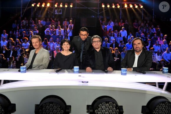 Sinclair, Maurane, Olivier Bas et André Manoukian lors du premier prime de Nouvelle Star sur D8 le mardi 15 janvier 2013