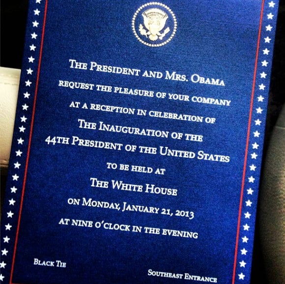 Invitation reçue par Eric Benet pour le bal d'investiture de Barack Obama, le 21 janvier 2013 à Washington.