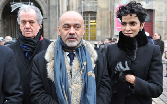 Jacques Grange, Farida Khelfa, et Christian Louboutin lors des obsèques d'Andrée Putman en l'Eglise Saint-Germain-des-Prés, le 23 janvier 2013.