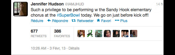 Jennifer Hudson a tweeté un message quelques heures avant sa prestation lors de la finale du Super Bowl.