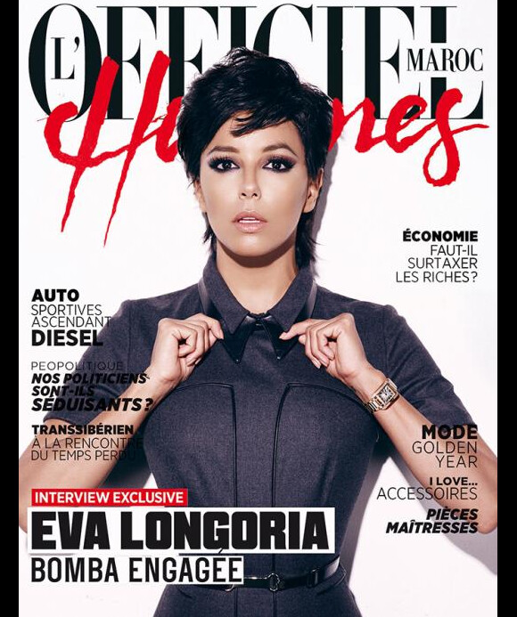Eva Longoria en couverture du magazine l'Officiel Hommes Maroc pour le mois de mars 2013. Elle dévoile ici une allure masculine