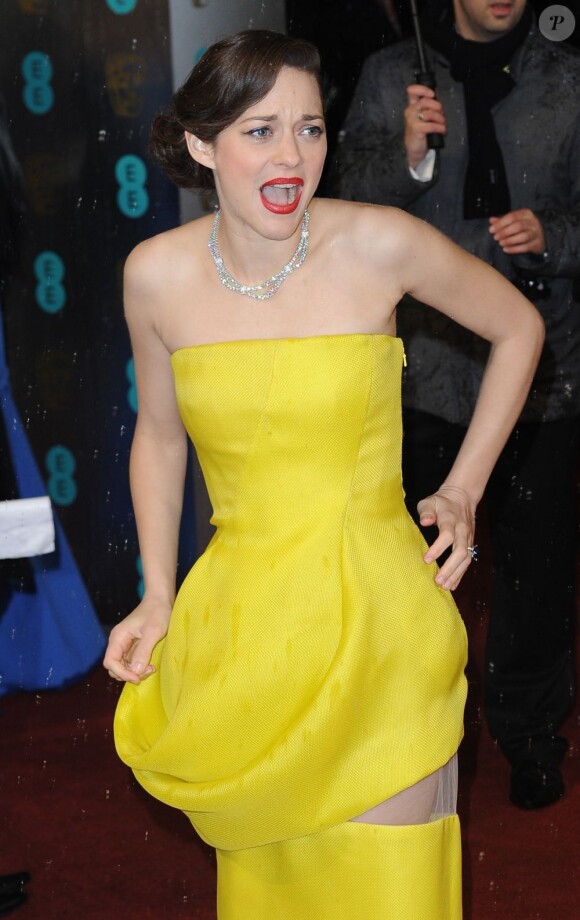 Marion Cotillard sous la pluie glaciale à la cérémonie des BAFTA à Londres le 10 février 2013.