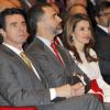 Felipe et Letizia d'Espagne lors de la cérémonie de remise des accréditations aux Ambassadeurs d'honneur de la marque Espagne, à la Cité financière de la Banque Santander, à Madrid, le 12 février 2013.