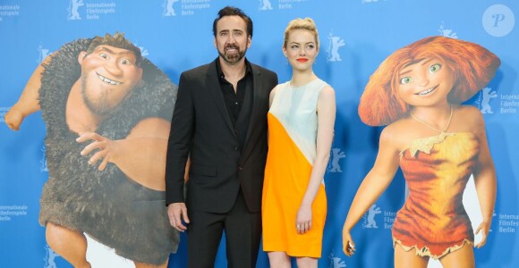 Nicolas Cage et Emma Stone au côté de leurs personnages pour le photocall pour le film Les Croods à la 63e Berlinale le 15 février 2013.