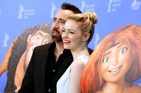 Nicolas Cage et Emma Stone radieux au photocall pour le film Les Croods à la 63e Berlinale le 15 février 2013.