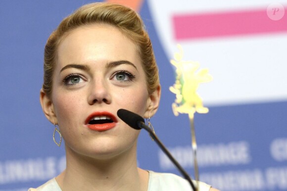 Emma Stone réactive à la conférence de presse du film Les Croods à la 63e Berlinale, le 15 février 2013.