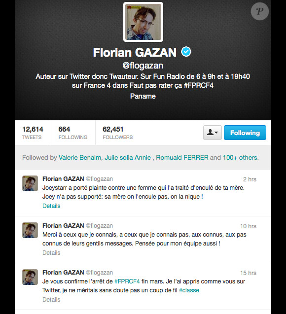 Florian Gazan apprend l'arrêt de son émission via twitter
